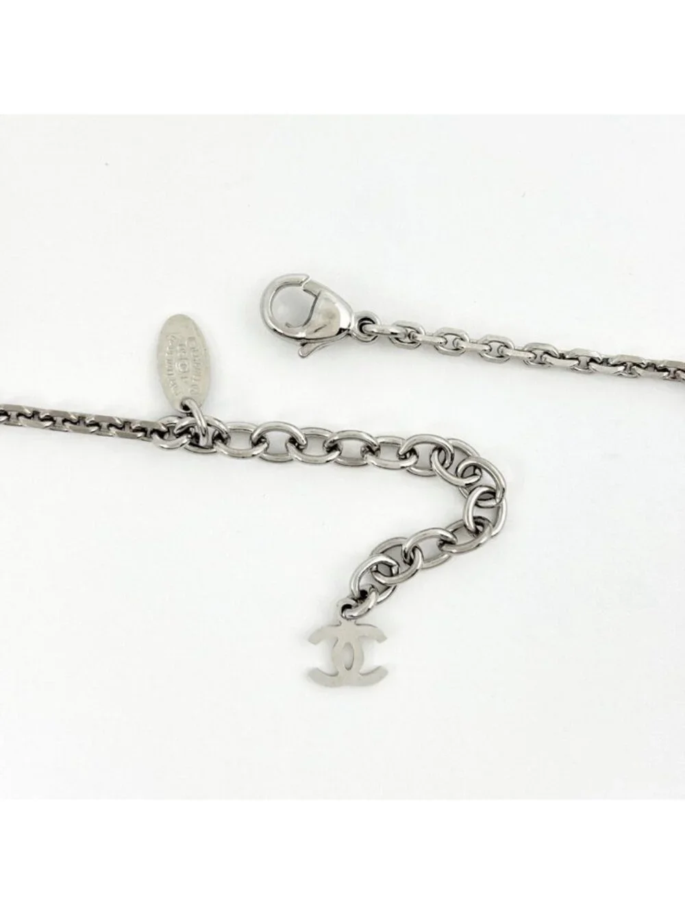 Chanel CC Logo Necklace Silver Plated Plastic White
